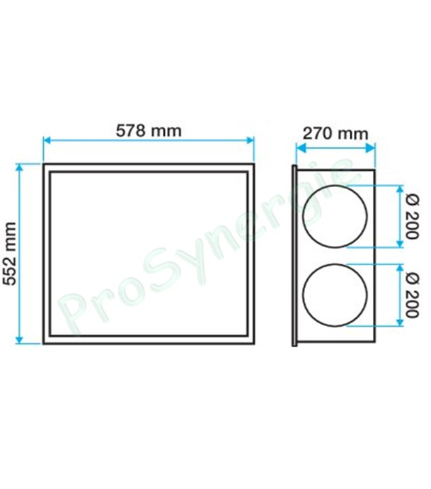 Coffre de reprise 4 piquages Ø200mm avec grille pour Faux plafonds 600x600mm - dimension: 270x578x552mm