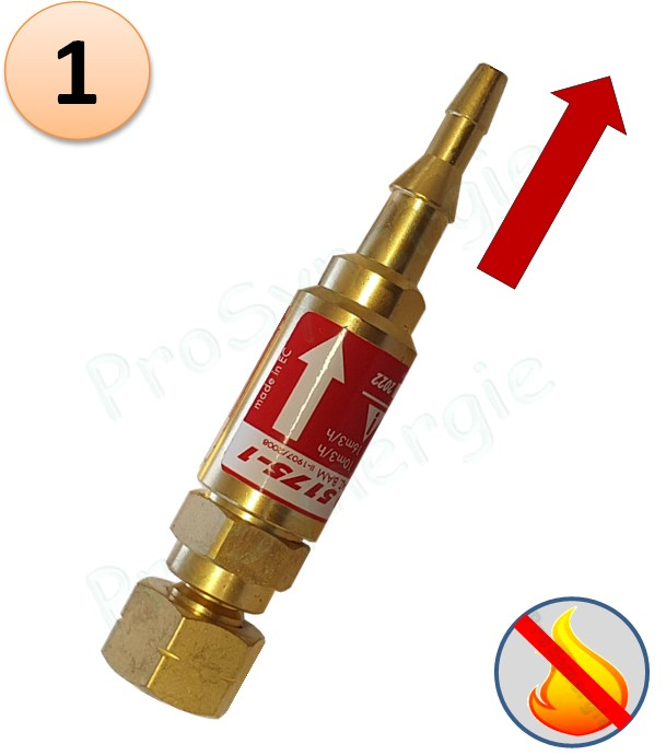 Raccord anti-retour pare flamme SafeGuard 2 - Montage Détendeur - Gaz combustible - Entrée M16x1,5 (gauche) - Sortie Tuyau 6-10