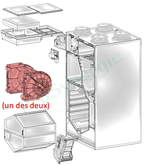 Moteur-turbine 230Vac, câblage + coque volute (plastique noire) pour VMC Dee Fly Cube 300 Aldes