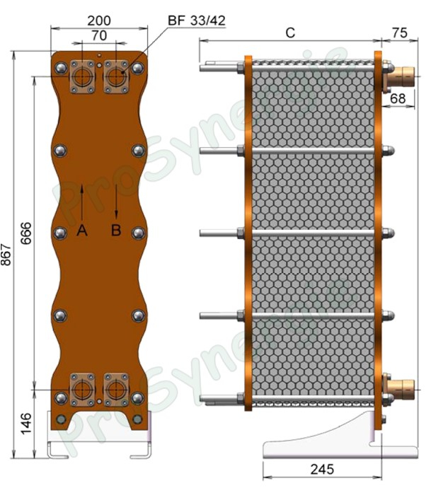 Echangeur SOLO H 9 plaques inox 316L joint EPDM ACS PS 10 Bars 140°C max. - Entree/Sortie Mâle DN 33/42 - PxLxH=265x214x870mm