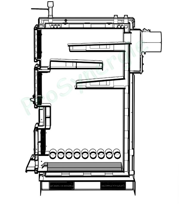 Kit chaudière 30 KW mixte bois bûches (L=50 cm) + brûleur granulés (creuset rotatif), vis d´alimentation et silo de stockage 300 litres