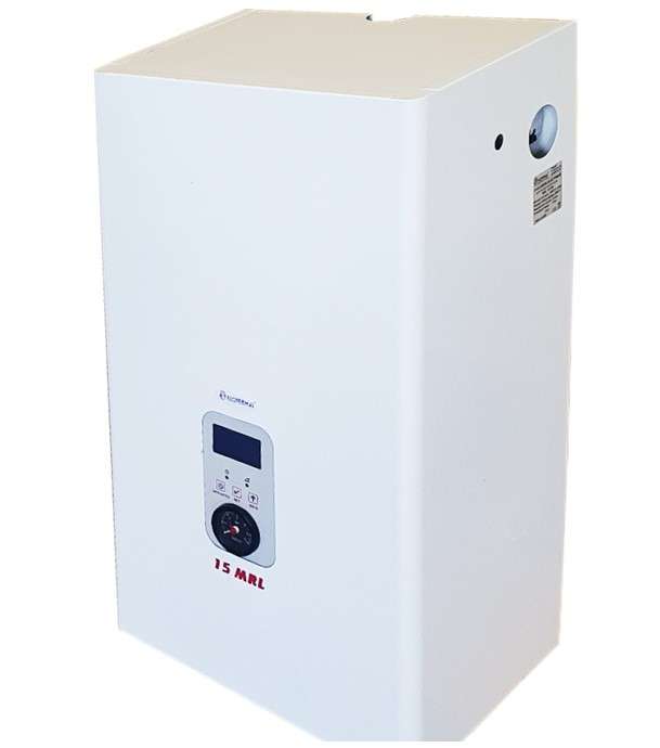 Chaudière électrique (radiateur/plancher chauffant) 15KW 400V (HxLxP= 700x385x260mm) équipé (Vase 6l, pompe, soupape, vannerie, sécurité) raccords Ø1´´ + régulateur électronique climatique