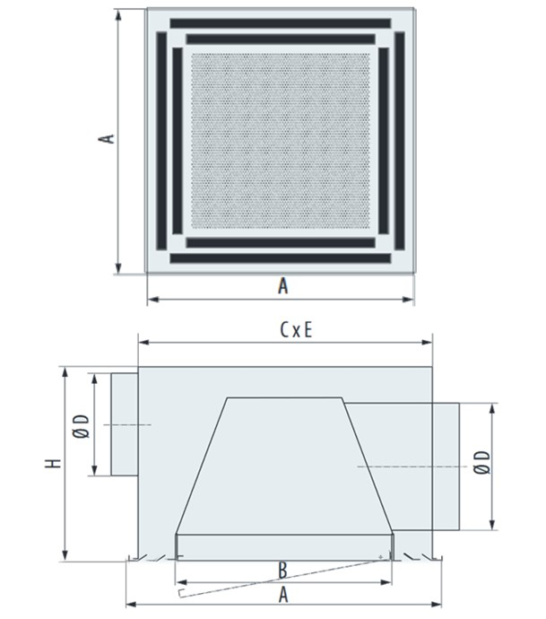DPSR - Diffuseur-dalle (594x594) avec plénum intégré pour soufflage et reprise d´air combinés 2 directions, 2 fente(s), Plénum Isolé 5 faces (mousse polyéthylène 5 mm classe M1), piquages pour flexibles Ø200 mm, Hauteur 350 mm