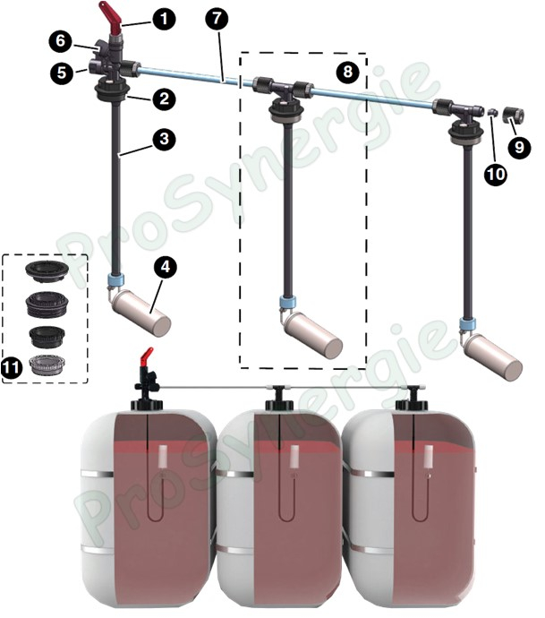 Ensemble base (accouplement/batterie) d'aspiration fioul EUROFLEX, clapet, vanne police, plongeur 2m avec flotteur + adaptateurs G2 , M60x4, S75x6, Bride Ø68mm