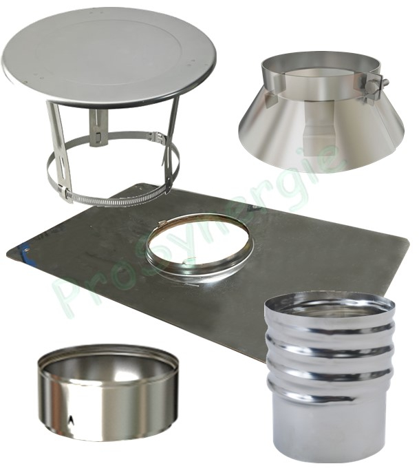 Kit accessoires ´´Plus´´ (chapeau, embout étanche, plaque d´étanchéité renforcée rectangulaire et raccord) raccordement plafond d´un Tubage Flexible Ø 100/106 mm