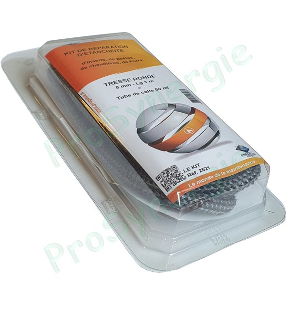 Kit joint d'étancheité tressé ronde fibre de verre Ø 15mm longueur 3 mètres + Tube 50 ml de colle réfractaire