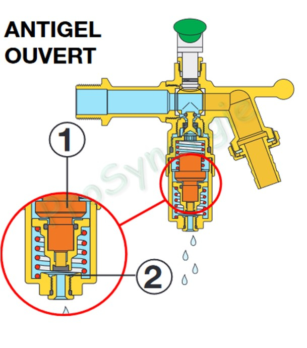 Robinet de puisage jardin IceCal® avec cartouche antigel (On/Off 3/4°C) corps laiton nickelé vanne spérique (tête à manette verte 1/4 tour) - raccord entrée ØM 1/2´´ - sortie 3/4´´ (avec raccord au nez tétine Ø 17mm)