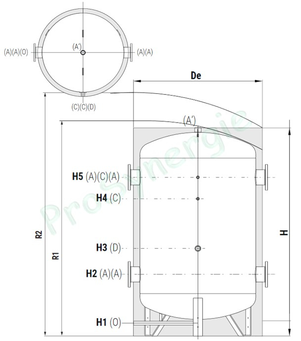 Ballon Stockage primaire (chaud froid) Reverso intérieur/extérieur 4000 Litres Isolation démontable M2 polyester ép.50mm + enveloppe Alu 4 piquages latéraux ØDN150 PN16 - ØxH=1740x2386mm