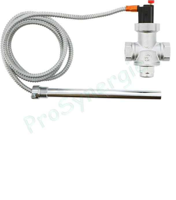 Soupape de sécurité thermique pour échangeur de sécurité (type 543) raccord ØF 3/4´´ - ouverture à 95°C (maxi 110°C / 10 bars / 100KW) + Sonde ØM 1/2´´ long. 197mm  capillaire long. 1.3m