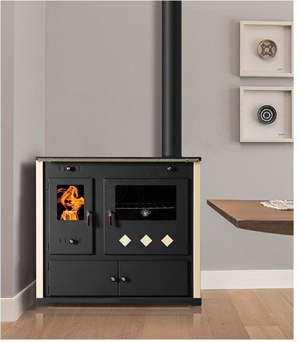 Practik Lux - Cuisinière à bois, ecodesign, classe A+, Puissance nominale 9,5 kW, Min/Max 7,5/12 kW, Rendement > 87%, LxPxH = 930x530x840, jaquette Ivoire, plateau de cuisson céramique