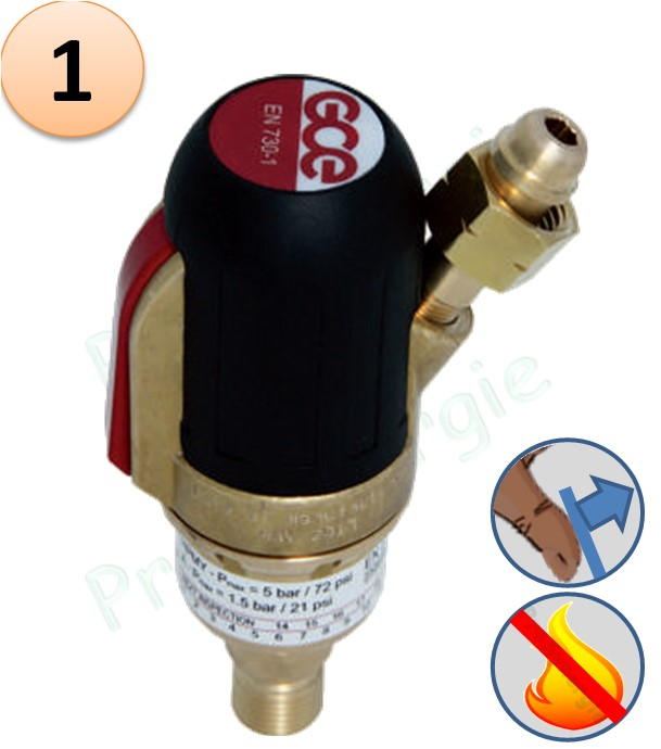 Raccord anti-retour pare flamme SafeGuard 5 - Montage Détendeur - Gaz combustible - Entrée M16×1,5 Femelle (gauche) - Sortie M16×1,5 Mâle (gauche)