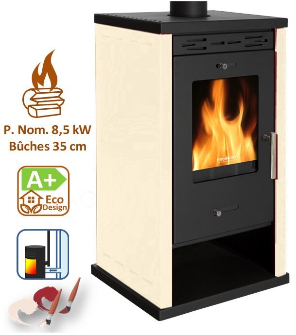 Eko3 - Poêle à bois ecodesign, classe A+, 12 kW, rendement > 82%, LxPxH = 530x440x890, jaquette Ivoire