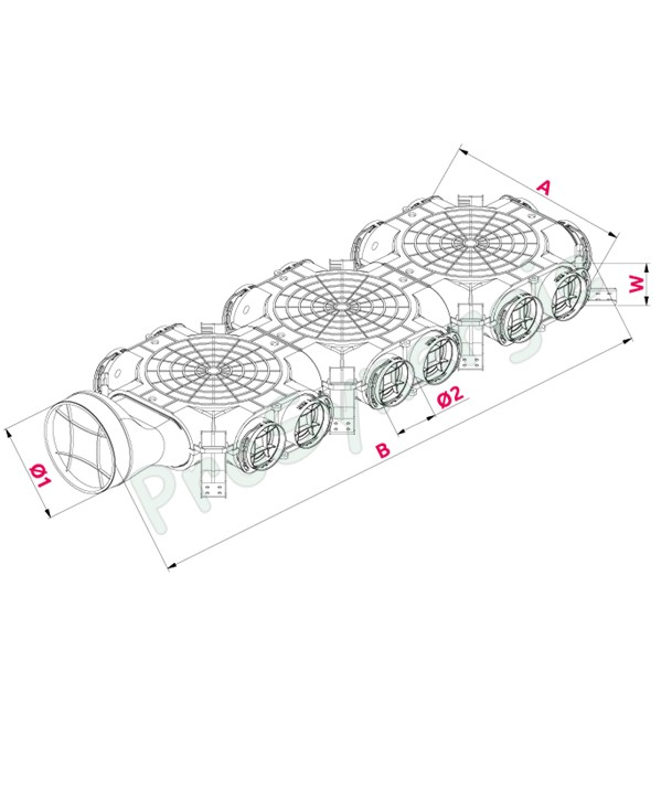 Caisson de répartition axe horizontal, Ø160, 14 bouches Ø75 pour réseaux de ventilation rond type Optiflex