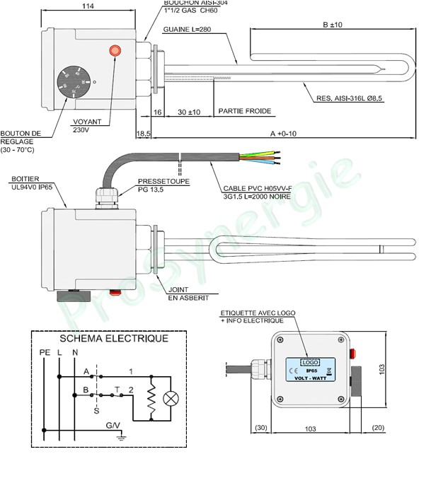 Thermoplongeur Inox 316L (longueur 320mm) 2 KW Monophasé 230V avec thermostat (aquastat réglage et sécurité) - raccord ØM 1''1/2